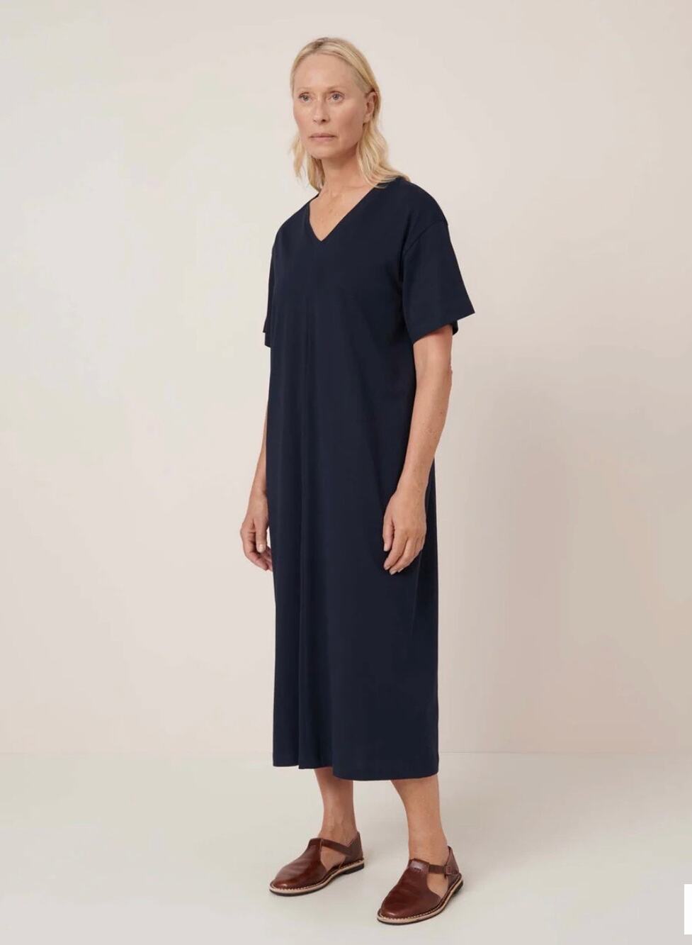 NWT Kowtow Navy Blue Organic Cotton V-Neck Dress Size S W20RB15-NAV